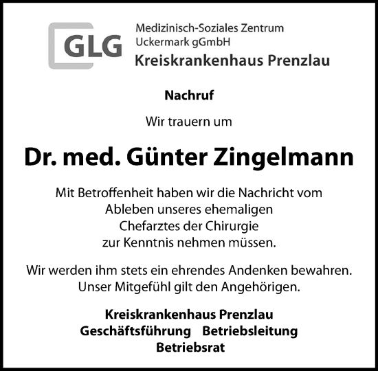 Traueranzeige von Günter Zingelmann von Uckermark Kurier Prenzlauer Zeitung