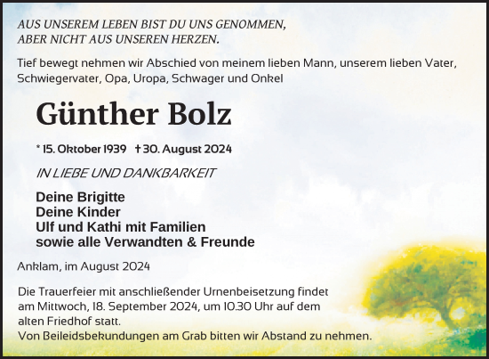 Traueranzeige von Günther Bolz von Nordkurier Vorpommern Kurier