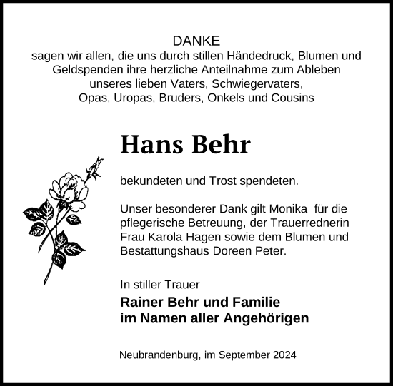 Traueranzeige von Hans Behr von Nordkurier Neubrandenburger Zeitung