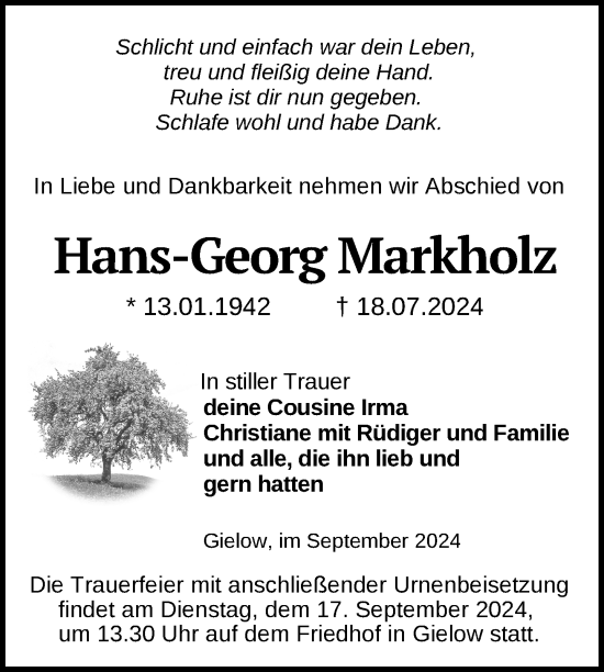 Traueranzeige von Hans-Georg Markholz von Nordkurier Mecklenburger Schweiz