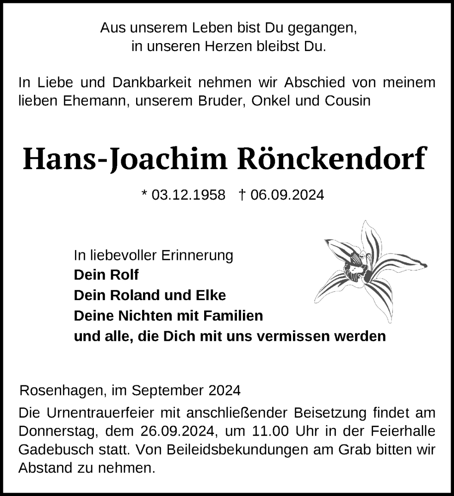  Traueranzeige für Hans-Joachim Rönckendorf vom 21.09.2024 aus Gadebusch - Rehnaer Zeitung