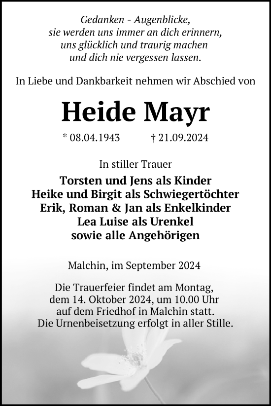 Traueranzeige von Heide Mayr von Nordkurier Mecklenburger Schweiz