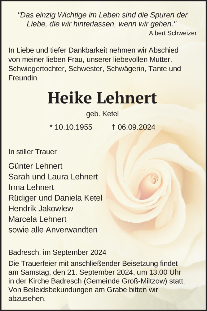  Traueranzeige für Heike Lehnert vom 13.09.2024 aus Nordkurier Neubrandenburger Zeitung