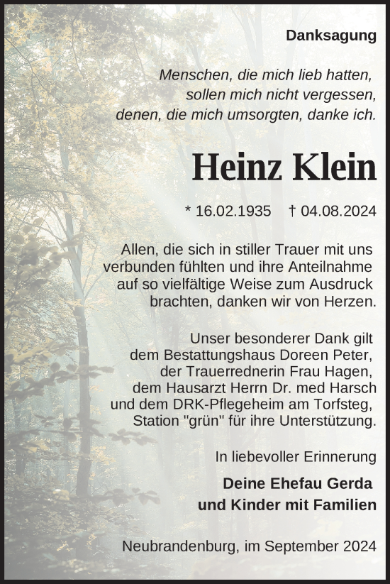 Traueranzeige von Heinz Klein von Nordkurier Neubrandenburger Zeitung