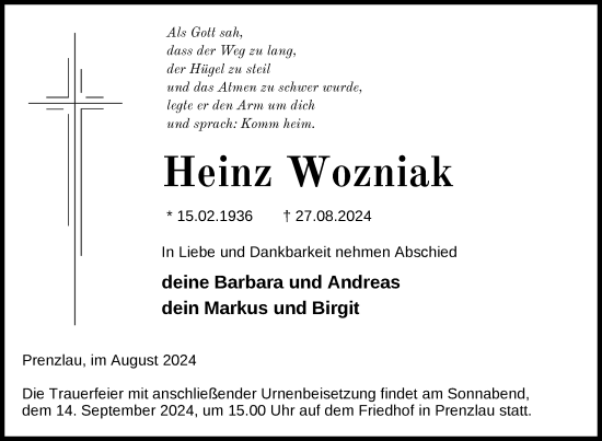 Traueranzeige von Heinz Wozniak von Uckermark Kurier Prenzlauer Zeitung