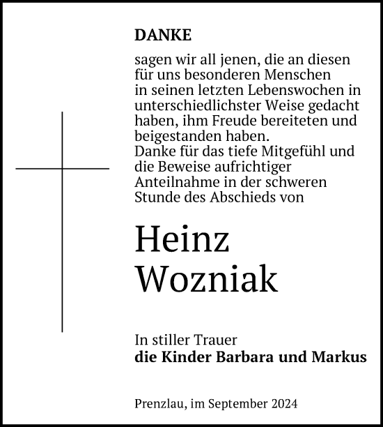 Traueranzeige von Heinz Wozniak von Uckermark Kurier Prenzlauer Zeitung