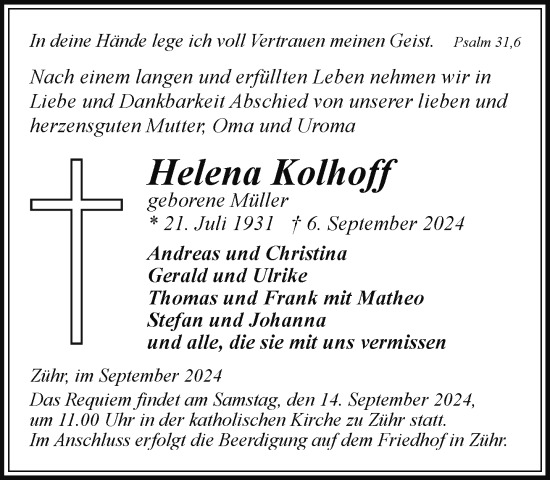 Traueranzeige von Helena Kolhoff von Hagenower Kreisblatt