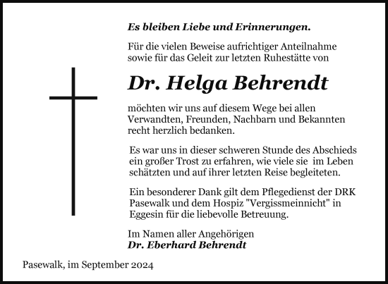 Traueranzeige von Helga Behrendt von Nordkurier Pasewalker Zeitung