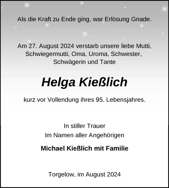 Traueranzeige von Helga Kießlich von Nordkurier Haff-Zeitung