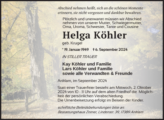 Traueranzeige von Helga Köhler von Nordkurier Vorpommern Kurier