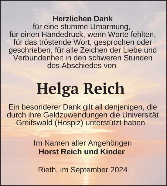 Traueranzeige von Helga Reich von Nordkurier Haff-Zeitung