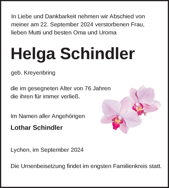 Traueranzeige von Helga Schindler von Uckermark Kurier Templiner Zeitung