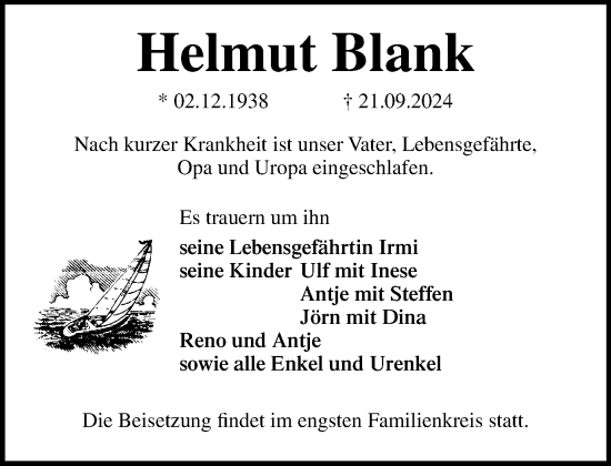 Traueranzeige von Helmut Blank von Norddeutsche Neueste Nachrichten