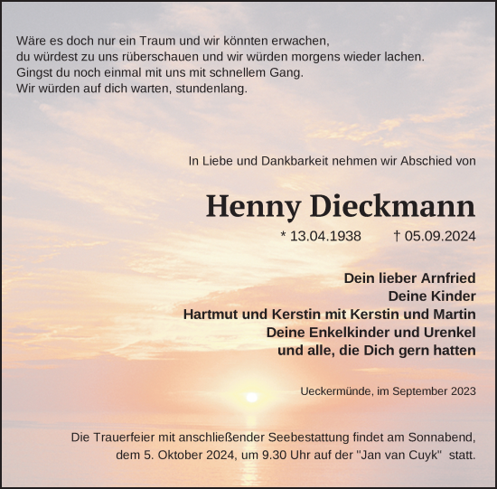 Traueranzeige von Henny Dieckmann von Nordkurier Haff-Zeitung