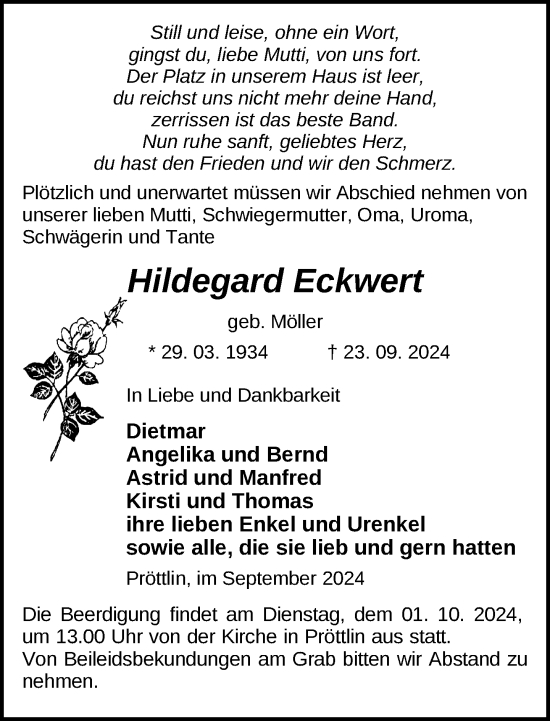 Traueranzeige von Hildegard Eckwert von Ludwigsluster Tageblatt