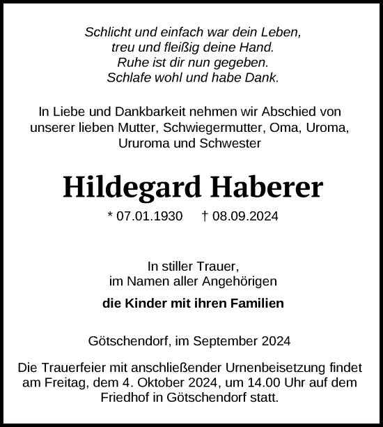 Traueranzeige von Hildegard Haberer von Uckermark Kurier Templiner Zeitung