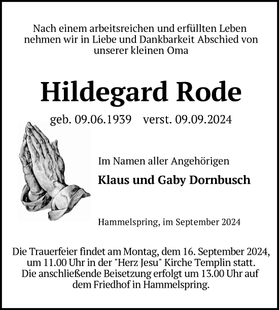 Traueranzeige von Hildegard Rode von Uckermark Kurier Templiner Zeitung