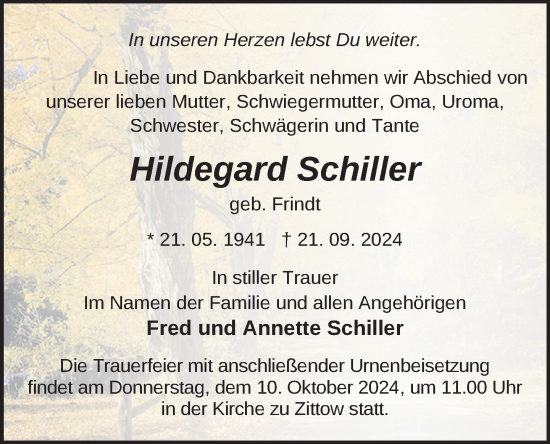 Traueranzeige von Hildegard Schiller von Zeitung für die Landeshauptstadt