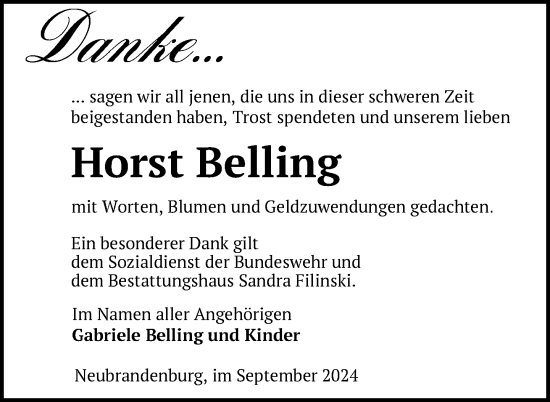 Traueranzeige von Horst Belling von Nordkurier Neubrandenburger Zeitung