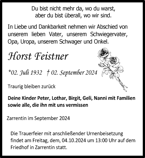 Traueranzeige von Horst Feistner von Hagenower Kreisblatt