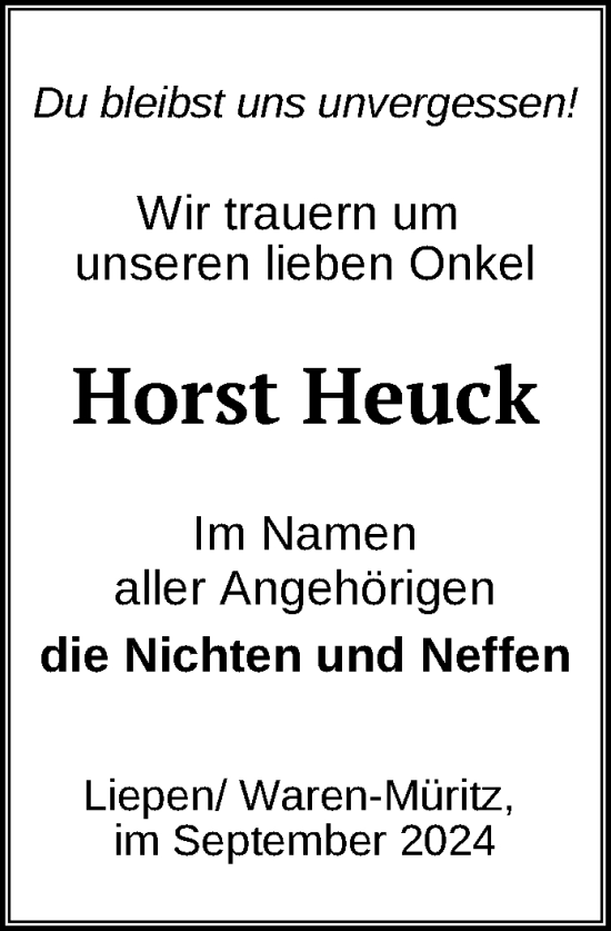 Traueranzeige von Horst Heuck von Nordkurier Mecklenburger Schweiz