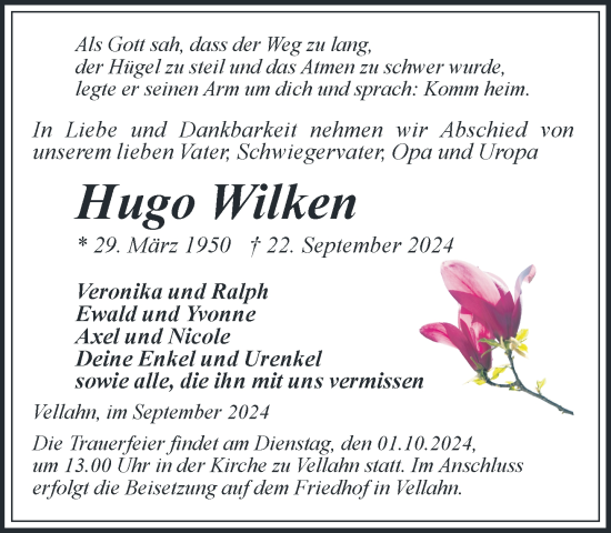 Traueranzeige von Hugo Wilken von Hagenower Kreisblatt