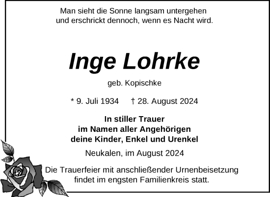 Traueranzeige von Inge Lohrke von Nordkurier Mecklenburger Schweiz