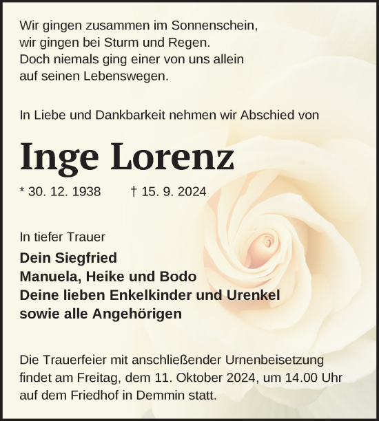 Traueranzeige von Inge Lorenz von Nordkurier Demminer Zeitung