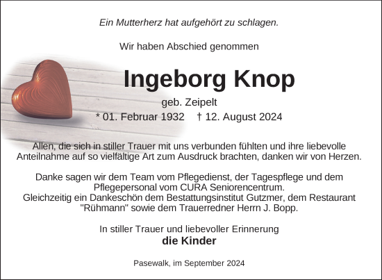 Traueranzeige von Ingeborg Knop von Nordkurier Pasewalker Zeitung