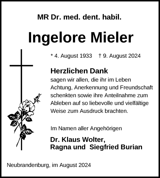 Traueranzeige von Ingelore Mieler von Nordkurier Neubrandenburger Zeitung