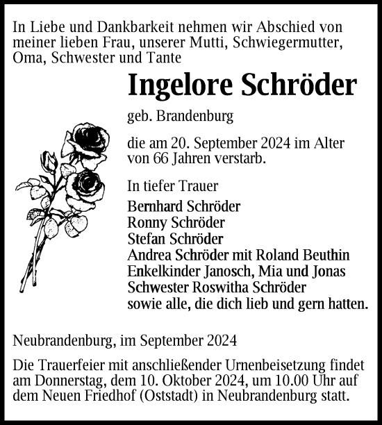 Traueranzeige von Ingelore Schröder von Nordkurier Neubrandenburger Zeitung