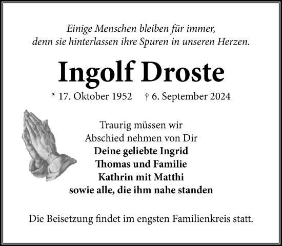 Traueranzeige von Ingolf Droste von Ludwigsluster Tageblatt