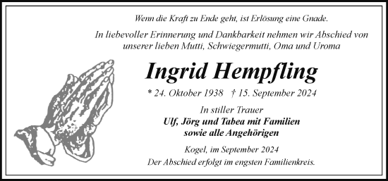 Traueranzeige von Ingrid Hempfling von Hagenower Kreisblatt