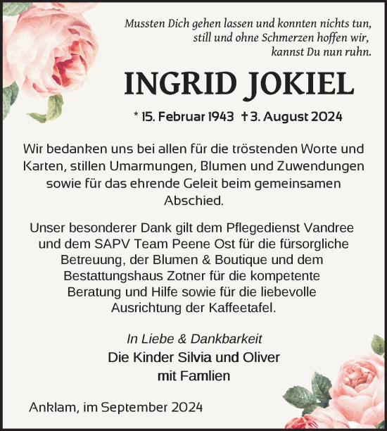 Traueranzeige von Ingrid Jokiel von Nordkurier Vorpommern Kurier