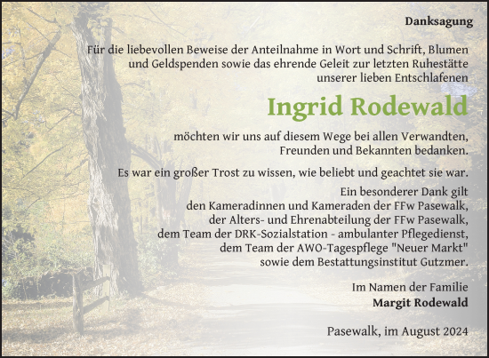 Traueranzeige von Ingrid Rodewald von Nordkurier Pasewalker Zeitung