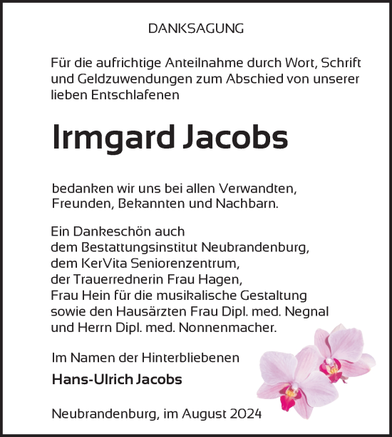 Traueranzeige von Irmgard Jacobs von Nordkurier Neubrandenburger Zeitung