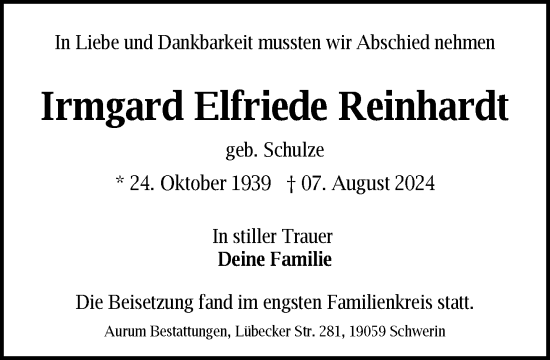 Traueranzeige von Irmgard Elfriede Reinhardt von Zeitung für die Landeshauptstadt