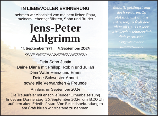 Traueranzeige von Jens-Peter Ahlgrimm von Nordkurier Vorpommern Kurier