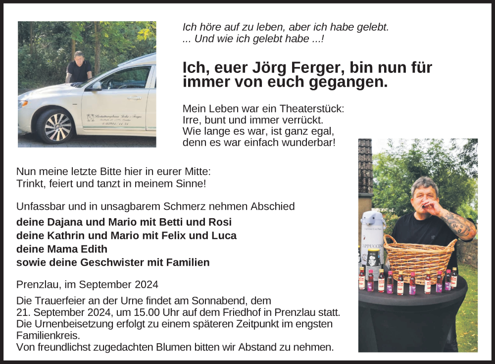  Traueranzeige für Jörg Ferger vom 07.09.2024 aus Uckermark Kurier Prenzlauer Zeitung