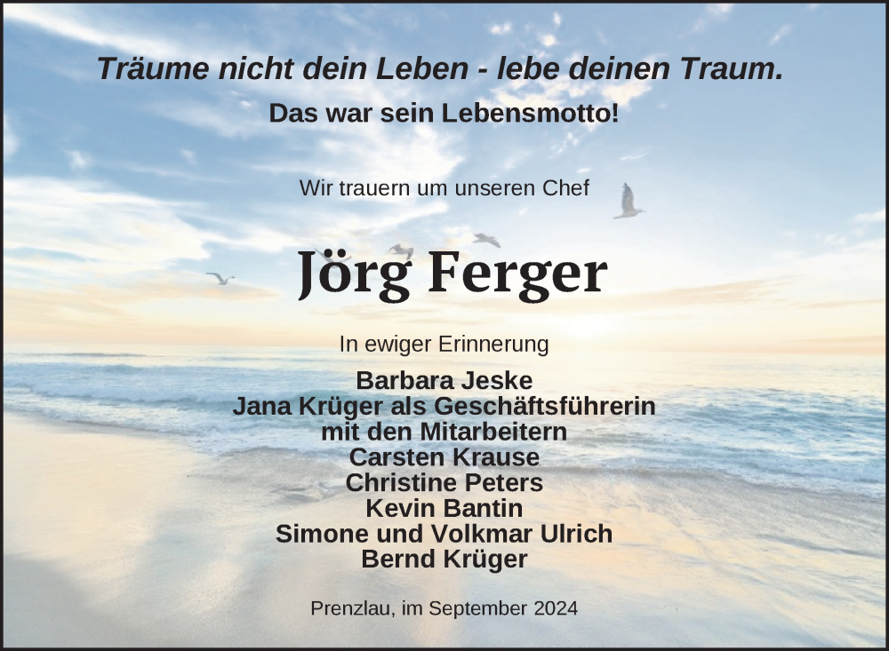  Traueranzeige für Jörg Ferger vom 07.09.2024 aus Uckermark Kurier Prenzlauer Zeitung