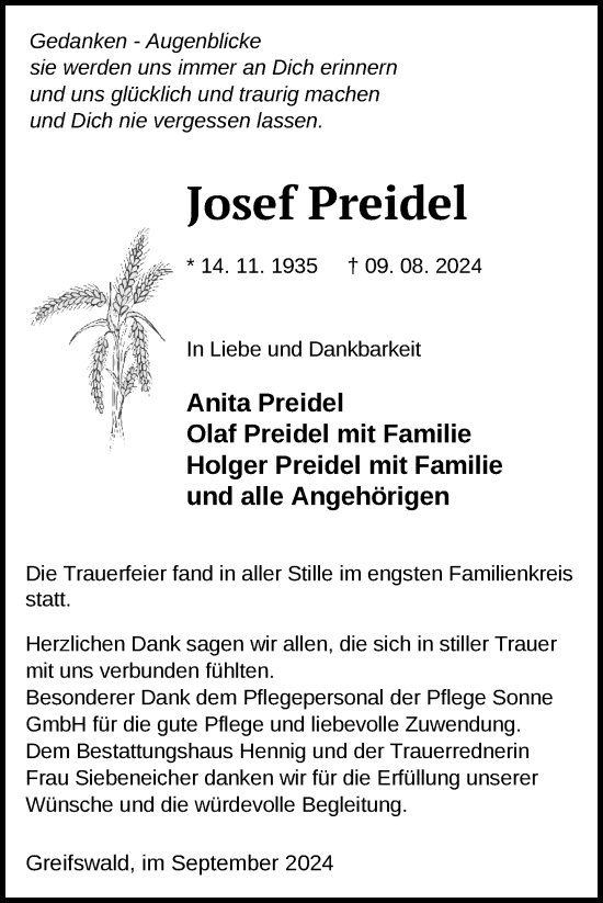 Traueranzeige von Josef Preidel von Nordkurier Demminer Zeitung