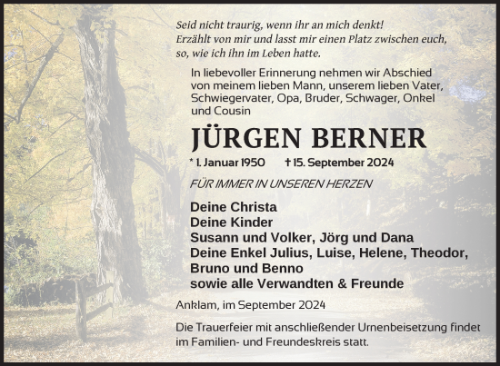 Traueranzeige von Jürgen Berner von Nordkurier Vorpommern Kurier