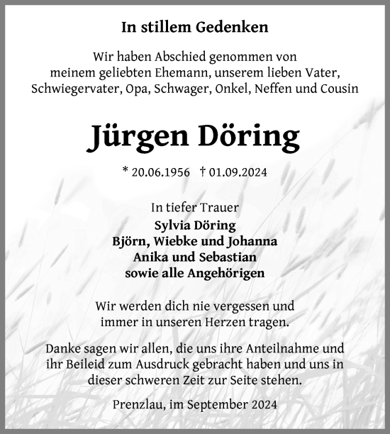 Traueranzeige von Jürgen Döring von Uckermark Kurier Prenzlauer Zeitung