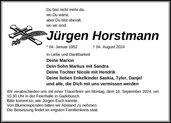 Traueranzeige von Jürgen Horstmann von Gadebusch - Rehnaer Zeitung