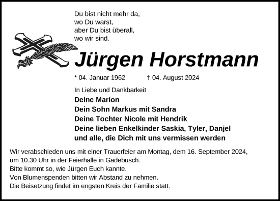 Traueranzeige von Jürgen Horstmann von Gadebusch - Rehnaer Zeitung