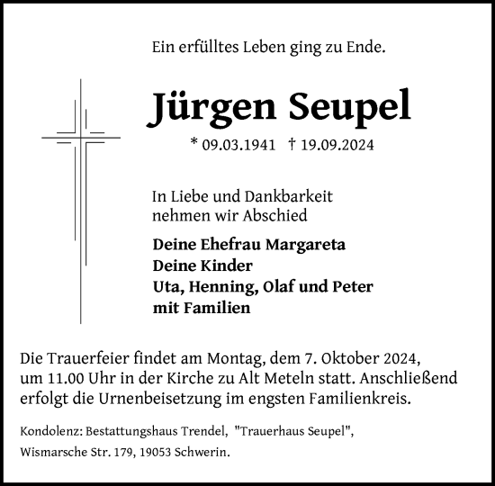 Traueranzeige von Jürgen Seupel von Zeitung für die Landeshauptstadt