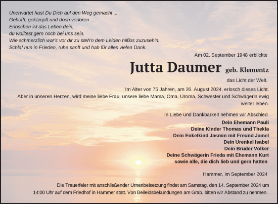 Traueranzeige von Jutta Daumer von Nordkurier Pasewalker Zeitung