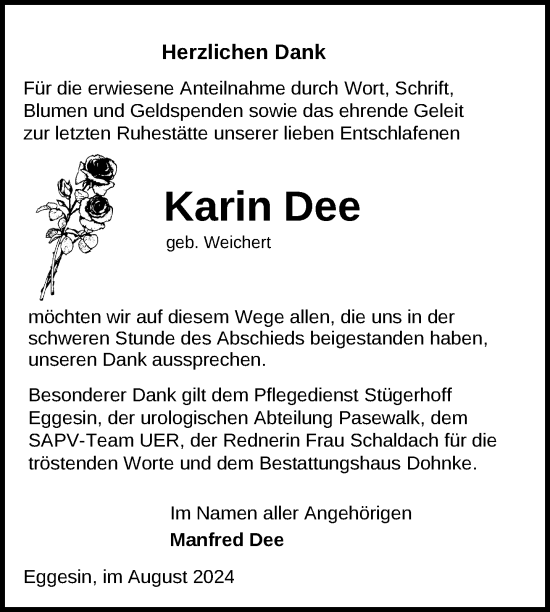 Traueranzeige von Karin Dee von Nordkurier Haff-Zeitung