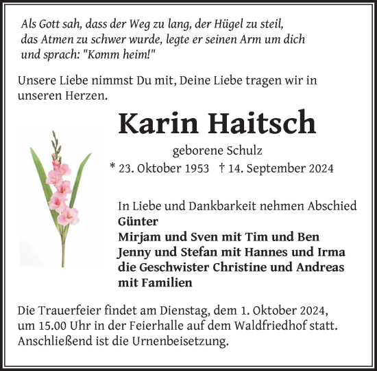 Traueranzeige von Karin Haitsch von Zeitung für die Landeshauptstadt