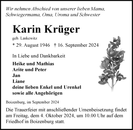 Traueranzeige von Karin Krüger von Hagenower Kreisblatt